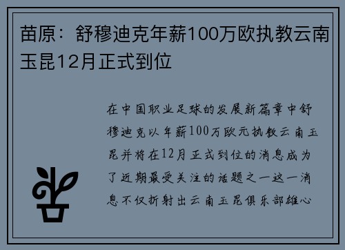 苗原：舒穆迪克年薪100万欧执教云南玉昆12月正式到位
